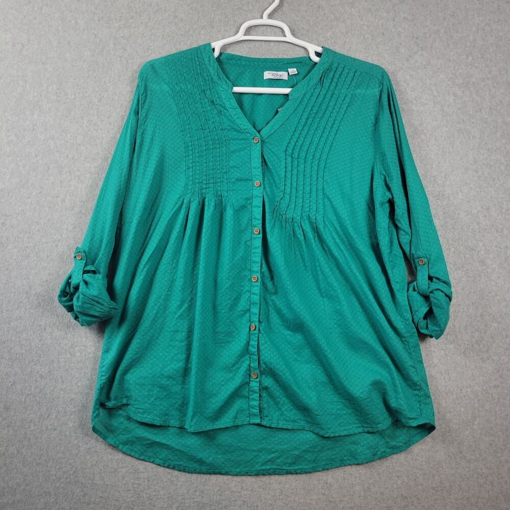 Great Northwest Indigo Green Cotton RTS Pleated Button Up Blouse Womens Plus 2X